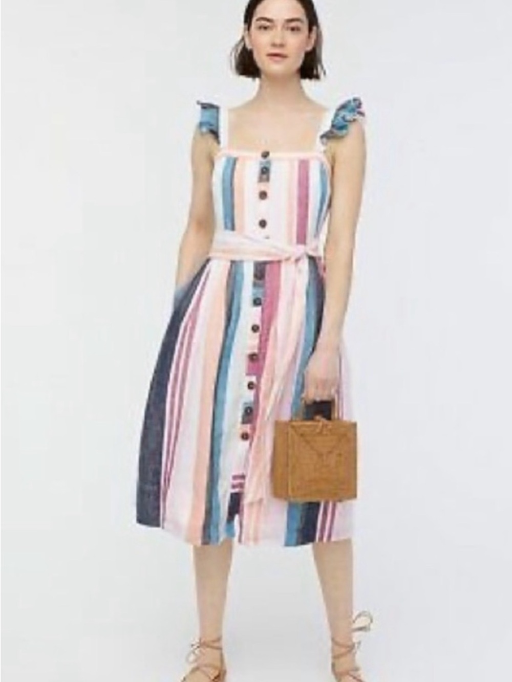 J.Crew Linen Midi Dress Striped Belted Ruffle Sleeve Coastal Preppy Size 8